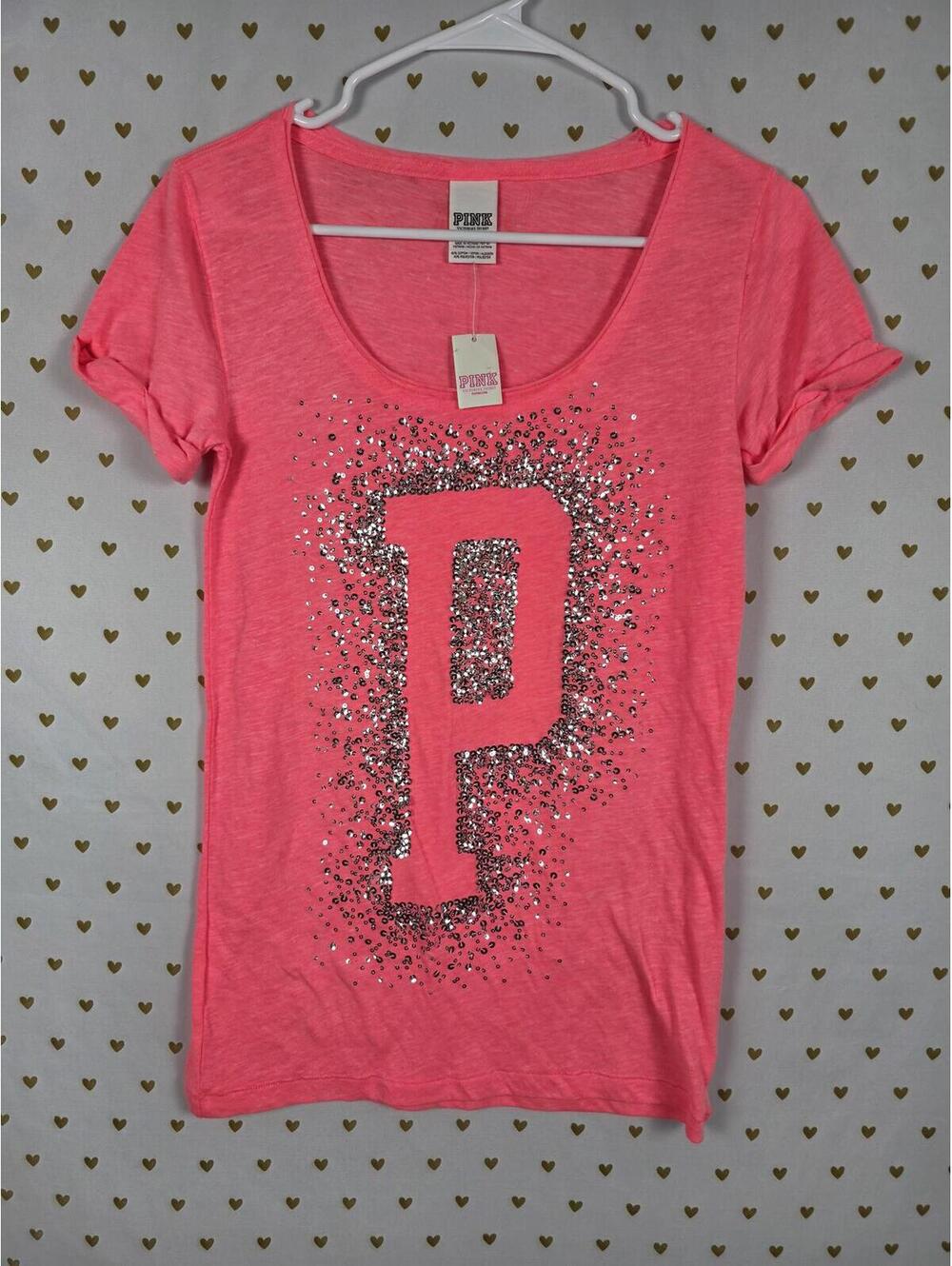 Victorias Secret PINK NEW NWT Bling Logo Tee Shirt NEON SMALL Sequined Shine